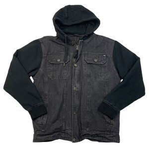 Rebel8 Jean Jacket Mens L Large Black Full Zip Hooded Denim Embroidered Logo